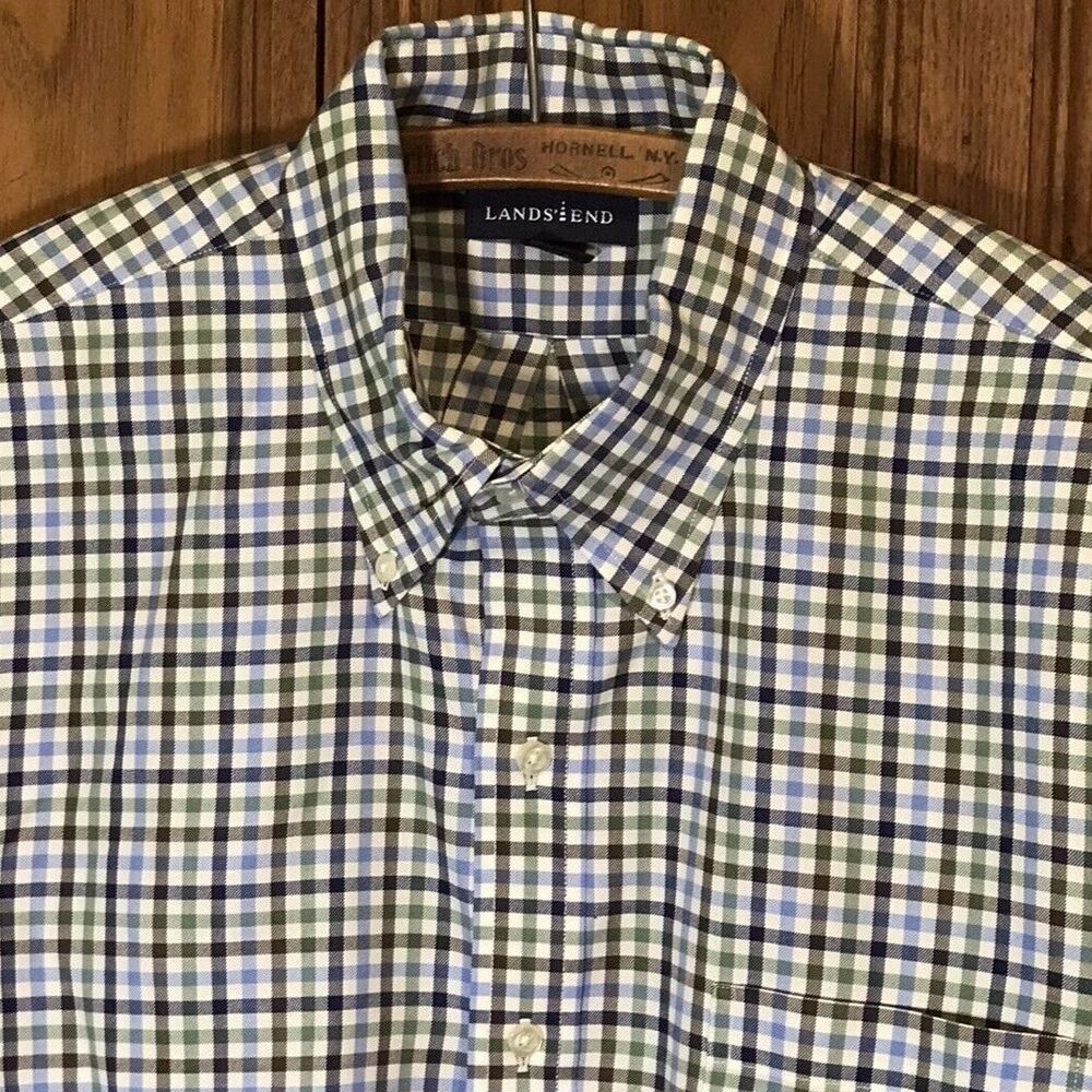 Lands' End Shirt Mens 16 Large Plaid Check Button Down Cotton Long Sleeve Casual